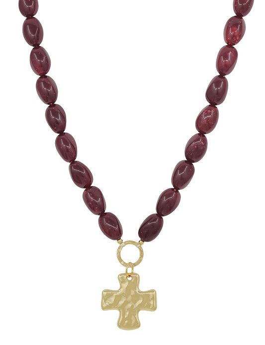 Maroon Resin Oval Beaded with Hammered Gold Cross 16"-18" Necklace