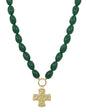 Emerald Green Resin Oval Beaded with Hammered Gold Cross 16"-18" Necklace