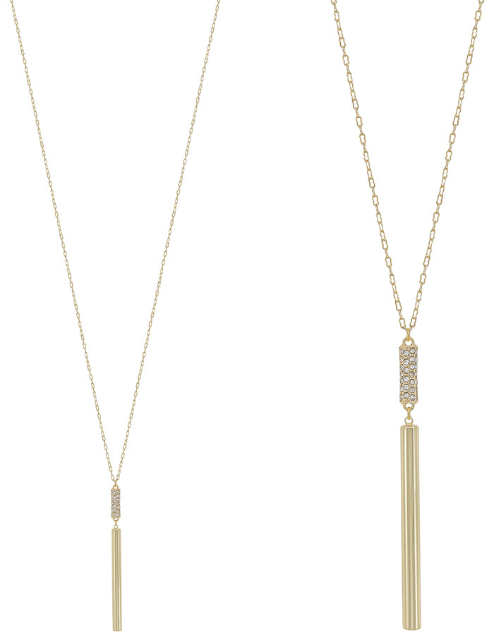 Gold Rhinestone Cylinder and Bar Drop 36" Necklace