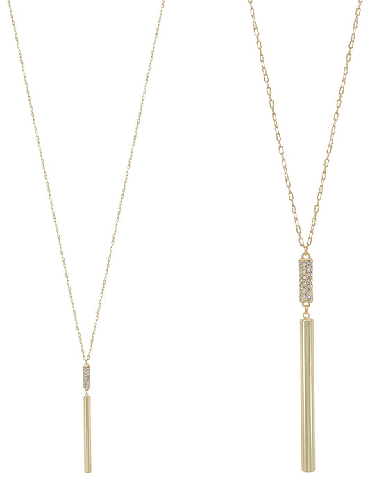 Gold Rhinestone Cylinder and Bar Drop 36" Necklace