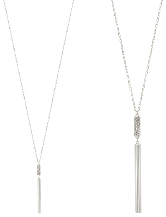 Silver Rhinestone Cylinder and Bar Drop 36" Necklace