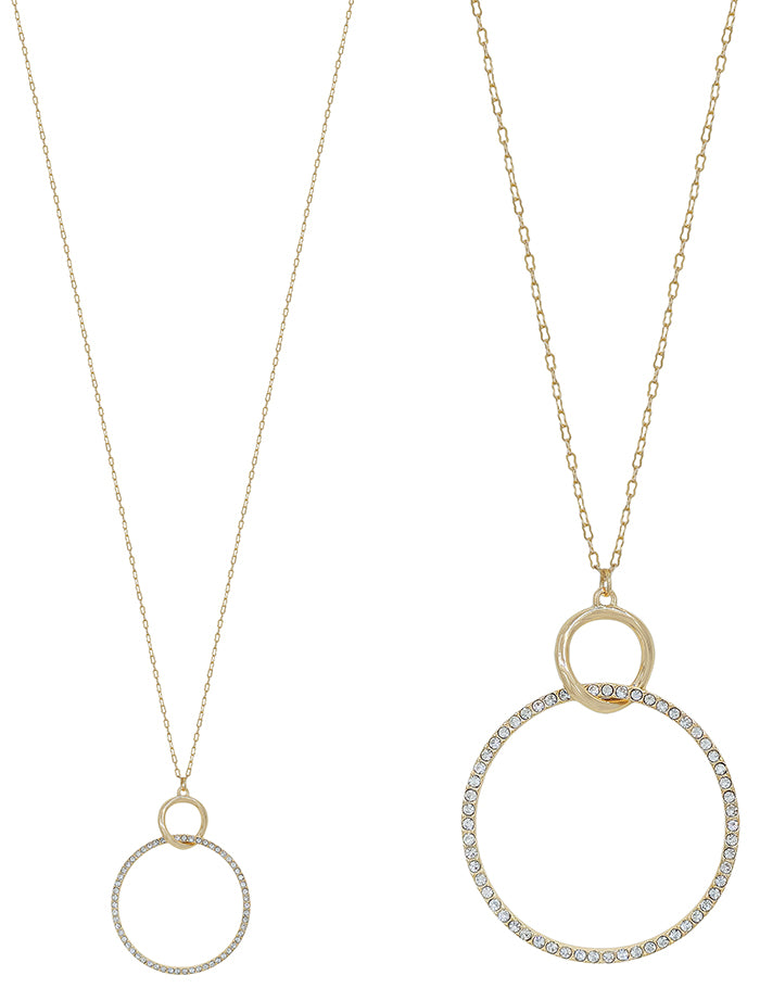 Double Layered Gold and Rhinestone Open Circle 36" Necklace