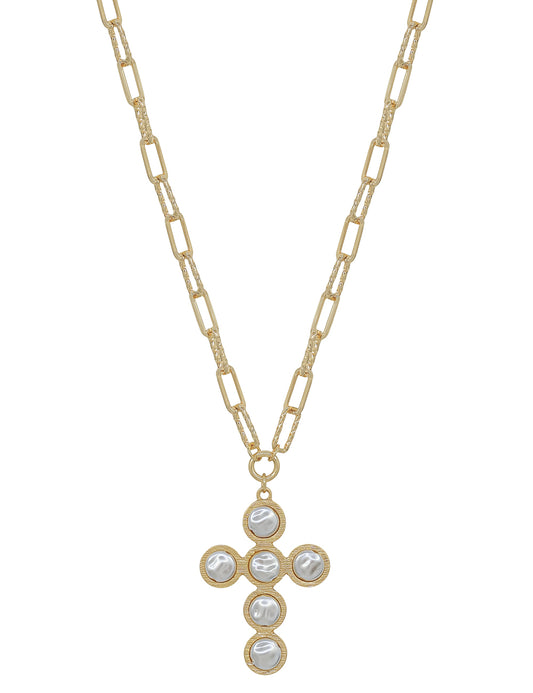 Gold Textured Chain with Pearl Flat Beaded Cross 16"-18" Necklace