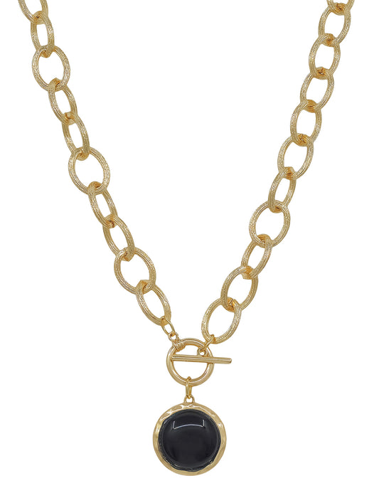 Gold Chunky Chain with Black Circle Stone Charm 16"-18" Necklace