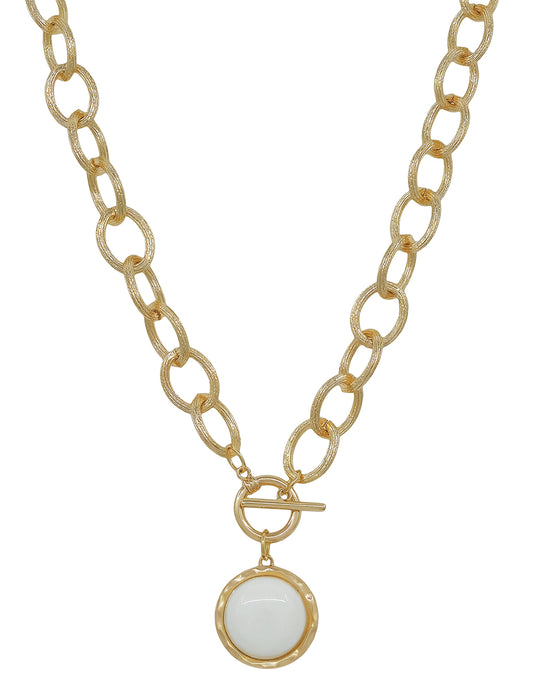 Gold Chunky Chain with White Circle Stone Charm 16"-18" Necklace