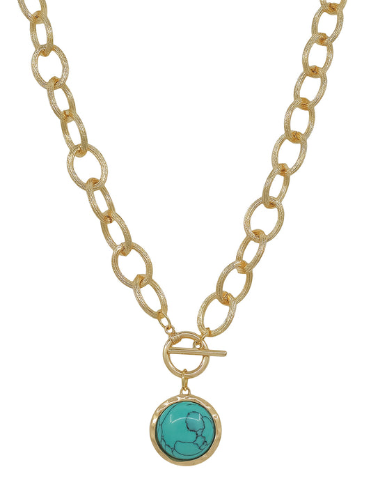 Gold Chunky Chain with Turquoise Circle Stone Charm 16"-18" Necklace