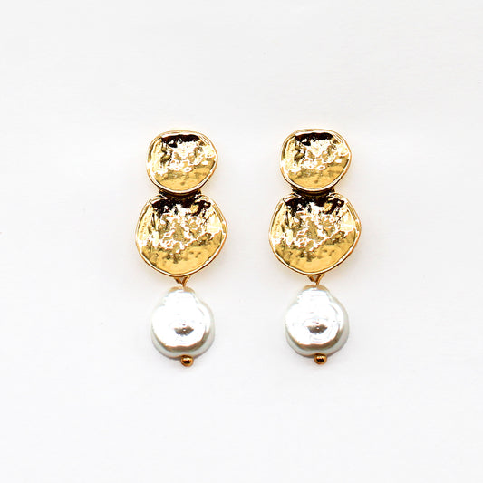 Hammered Gold Coin with Freshwater Pearl 1.5" Earring