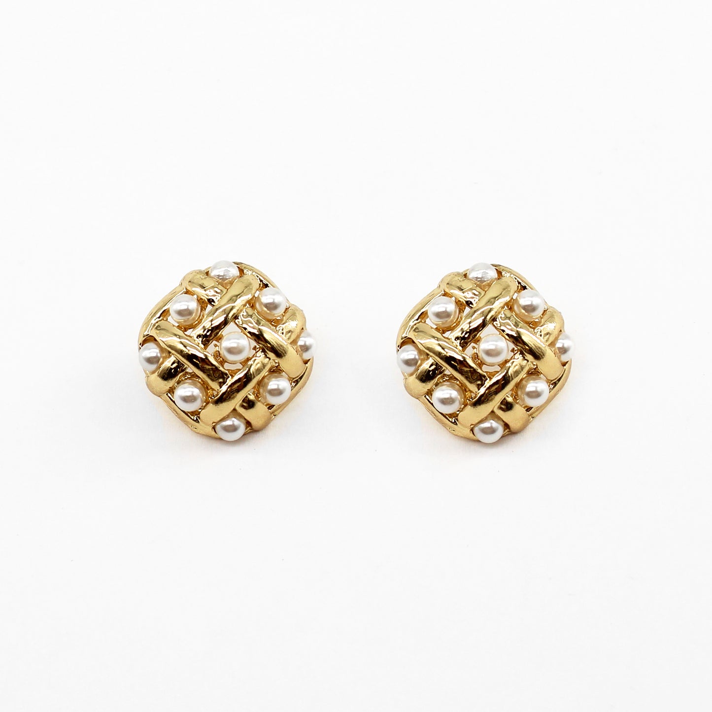 Gold Woven and Pearl Square Studded Earring