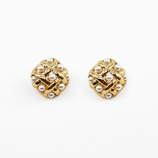 Gold Woven and Pearl Square Studded Earring