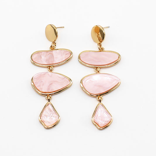 Gold Circle with Pink Pearlized Triple Drop Resin 2.5" Earring