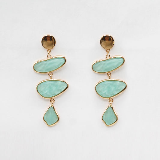 Gold Circle with Mint Pearlized Triple Drop Resin 2.5" Earring