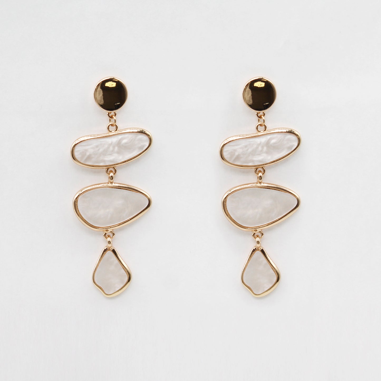 Gold Circle with White Pearlized Triple Drop Resin 2.5" Earring