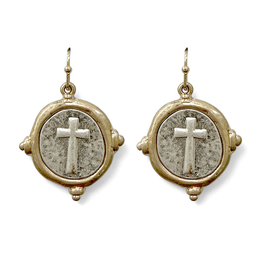 Gold Hammered Circle with Silver Cross .5" Drop Earring