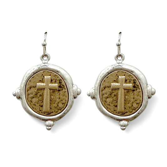 Silver Hammered Circle with Gold Cross .5" Drop Earring