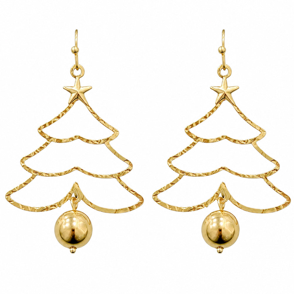 Gold Texture Christmas Tree with Ball Drop 1.5" Earring
