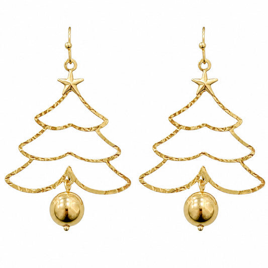 Gold Texture Christmas Tree with Ball Drop 1.5" Earring