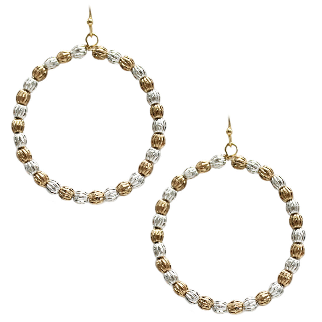 Gold and Silver Textured Beaded 1.5" Hoop Earring