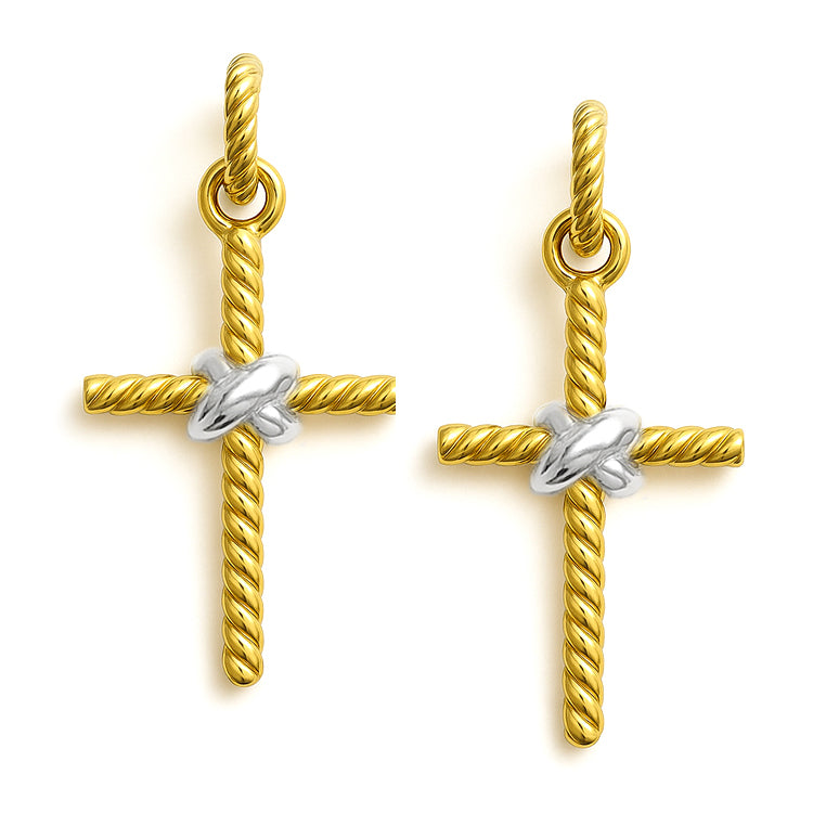 Twist Textured Gold Cross with Silver Accents 1.25" Earring