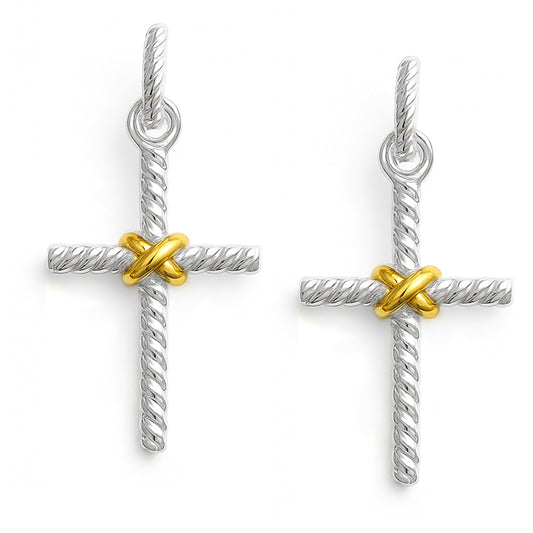 Twist Textured Silver Cross with Gold Accents 1.25" Earring