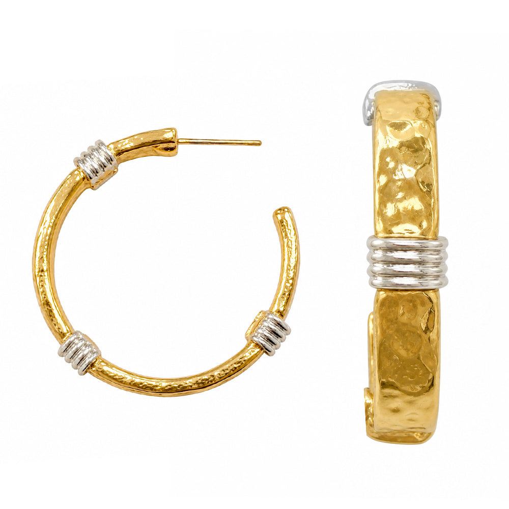 Gold Hammered Hoop with Silver Wrapping 1.5" Earring