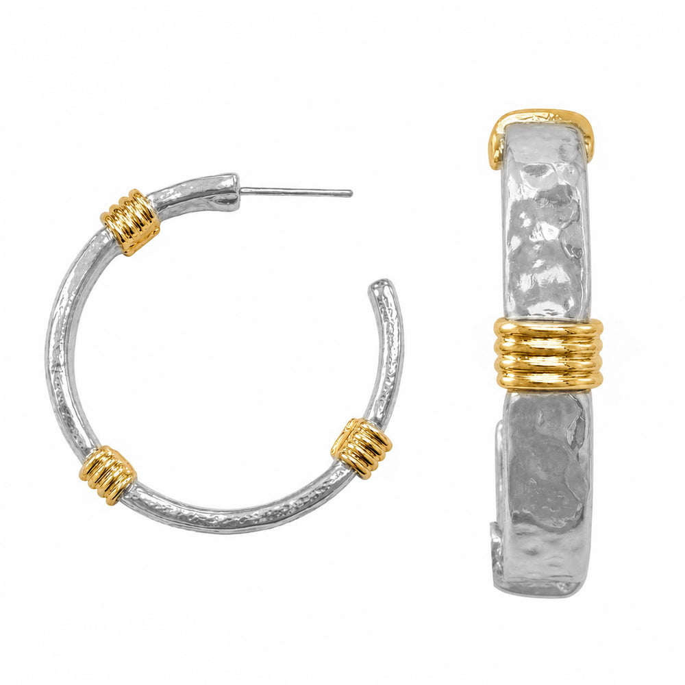 Silver Hammered Hoop with Gold Wrapping 1.5" Earring