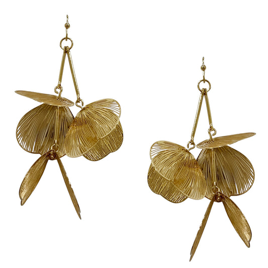 Thin Gold Metal Leaf Textured 1.75" Drop Earring