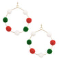 White, Green, and Red Puff Ball 1.5" Hoop Earring