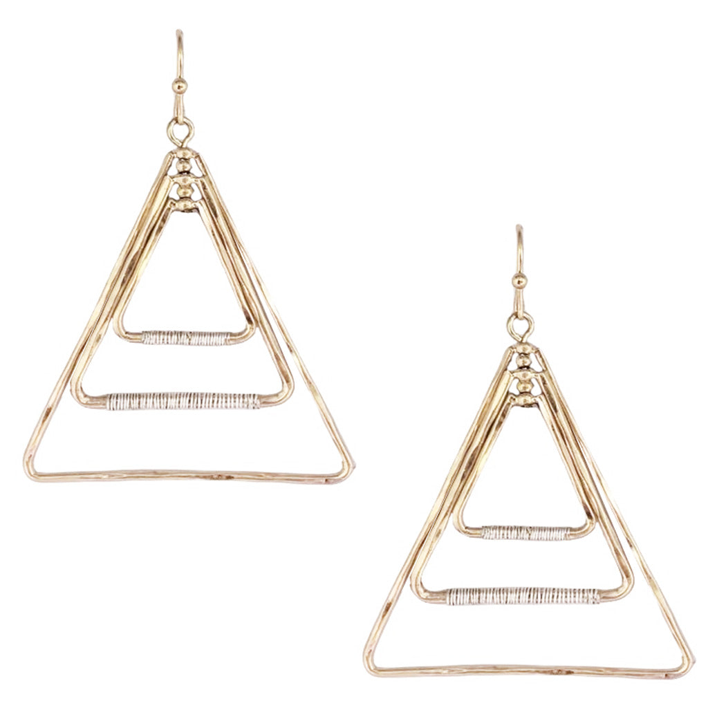 Worn Gold with Silver Wire Accents Triangle 1.75" Earring