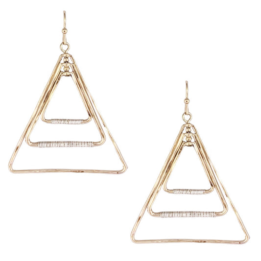 Worn Gold with Silver Wire Accents Triangle 1.75" Earring