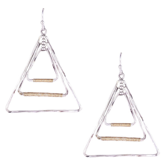 Worn Silver with Gold Wire Accents Triangle 1.75" Earring