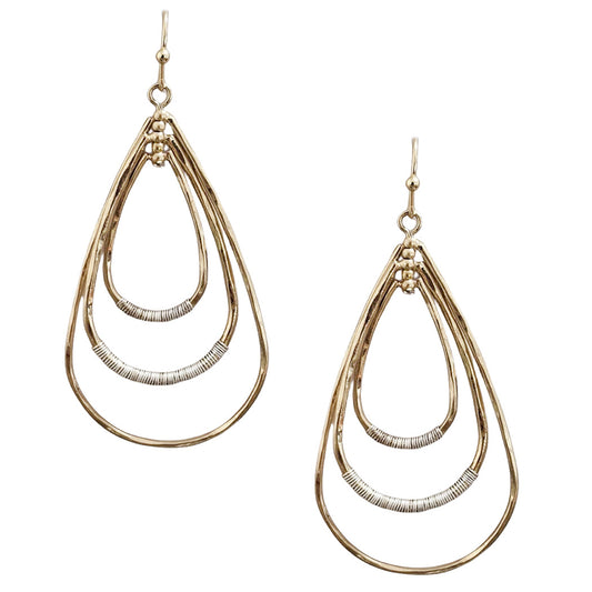 Worn Gold with Silver Wire Accents Teardrop 1.75" Earring