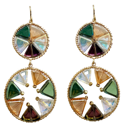 Multi Crystal and Gold Two Drop Circle 2.25" Earring