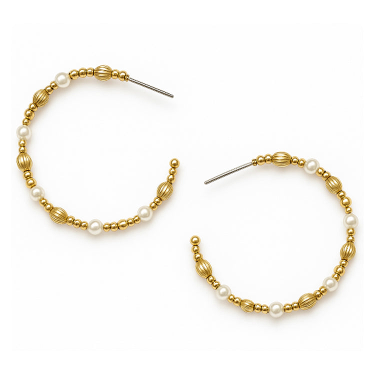 Gold 3MM and Pearl Beaded 2.5" Hoop Earring