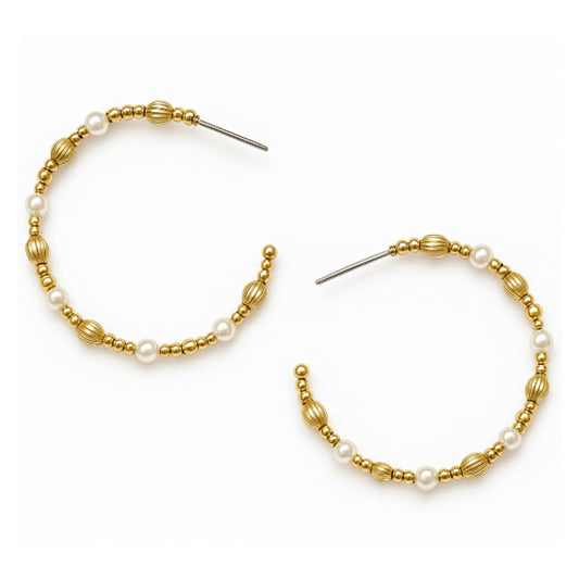 Gold 3MM and Pearl Beaded 2.5" Hoop Earring