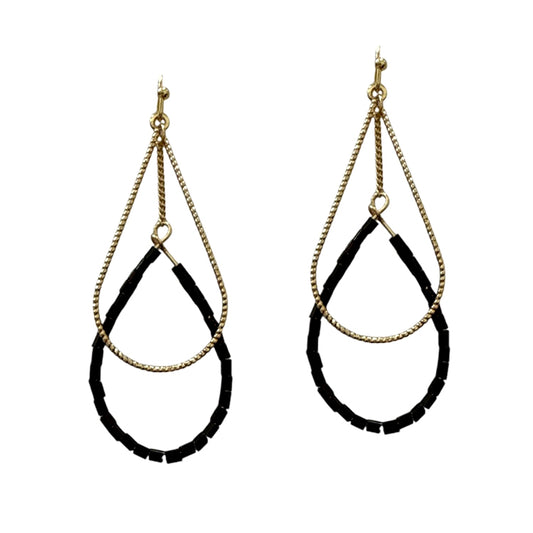 Gold Textured Open Teardrop and Black Beaded 2" Earring