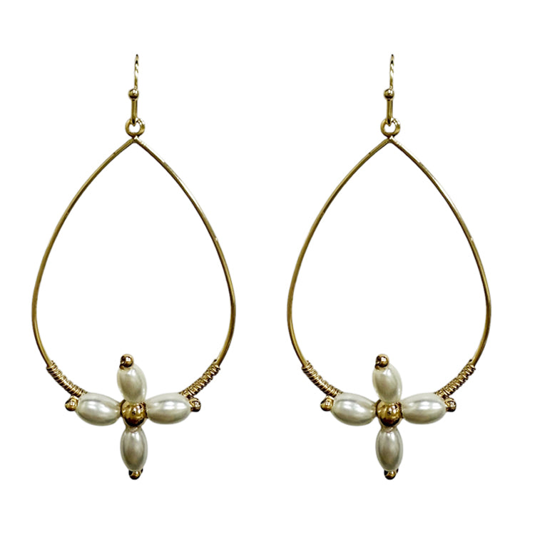 Gold Textured Open Teardrop with Pearl Cross 2" Earring