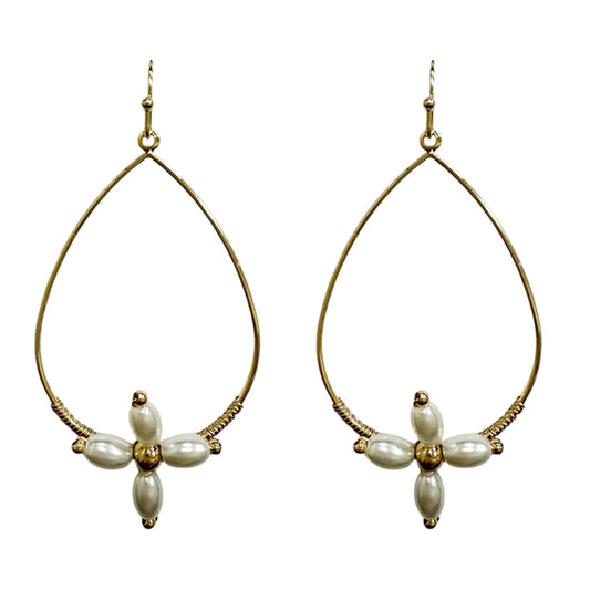 Gold Textured Open Teardrop with Pearl Cross 2" Earring