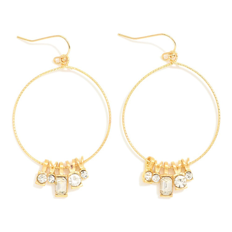 Gold Textured Open Circle with Clear Stone Drops 2" Earring