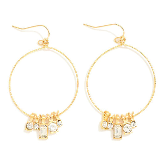 Gold Textured Open Circle with Clear Stone Drops 2" Earring