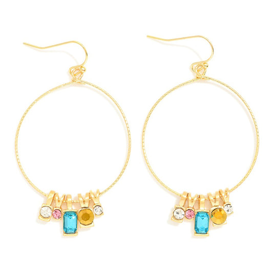 Gold Textured Open Circle with Multi Stone Drops 2" Earring