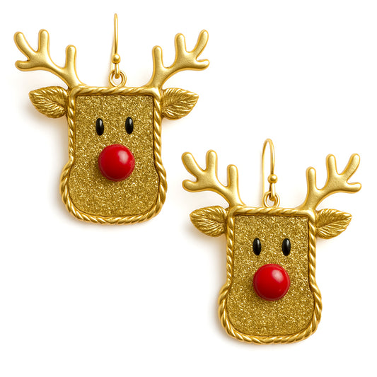 Gold Glitter Metal Reindeer 1.5" Earring