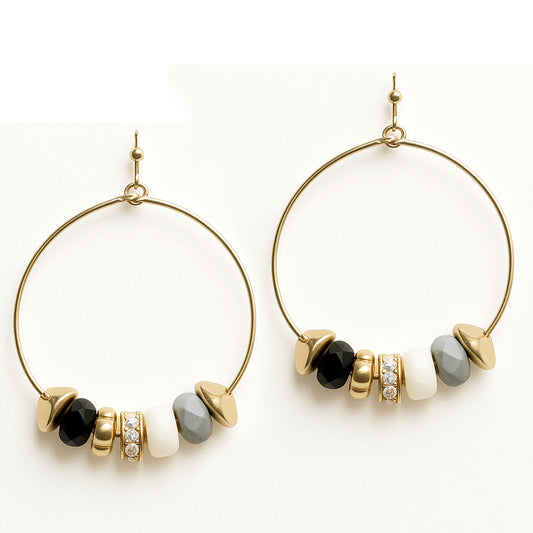 Grey, Black, White Stones with Gold Details 1.75" Hoop Earring