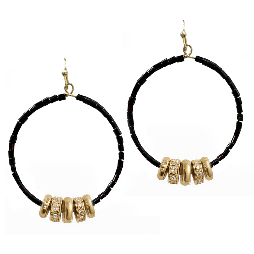 Black Beaded with Gold Details 2" Hoop Earring