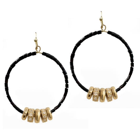 Black Beaded with Gold Details 2" Hoop Earring