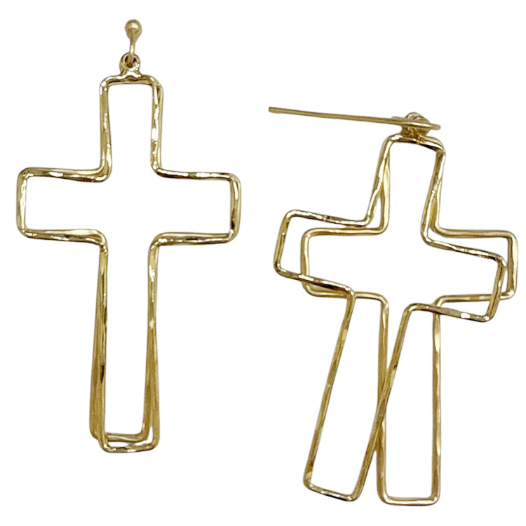 Gold Thin Double Layered Open Cross 2" Earring