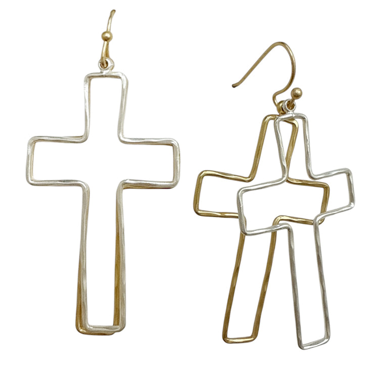 Gold and Silver Thin Double Layered Open Cross 2" Earring