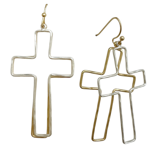 Gold and Silver Thin Double Layered Open Cross 2" Earring