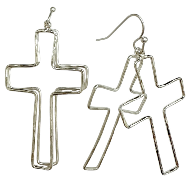Silver Thin Double Layered Open Cross 2" Earring