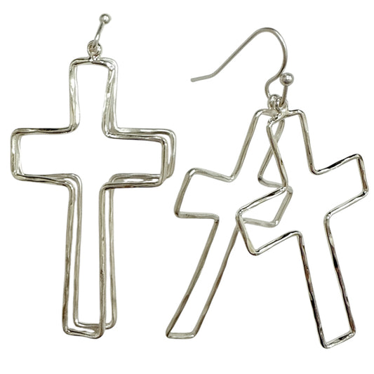 Silver Thin Double Layered Open Cross 2" Earring