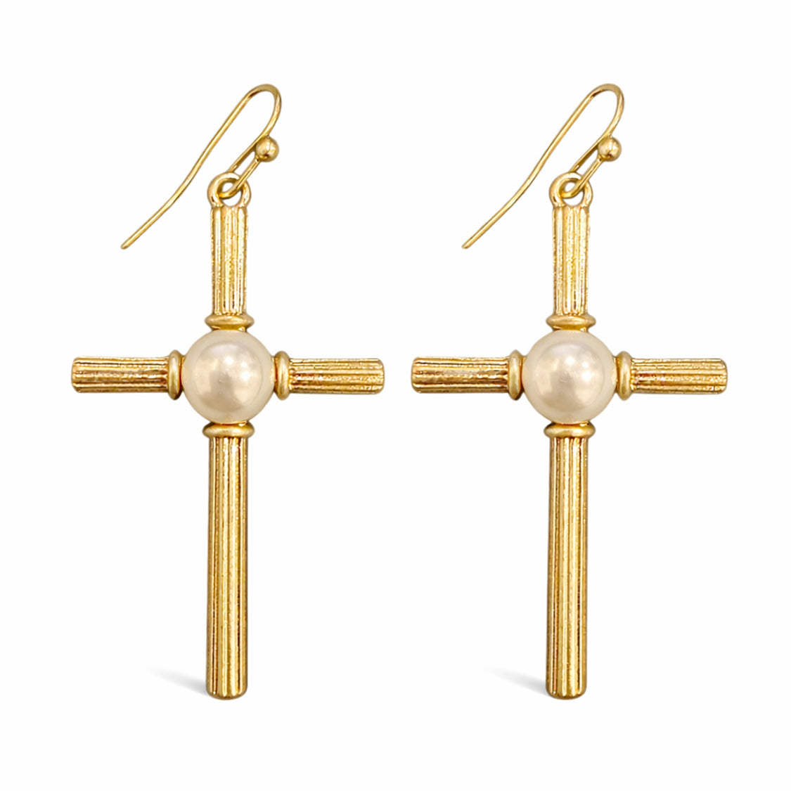 Thin Gold Metal with Pearl Accent 1.75" Cross Earring